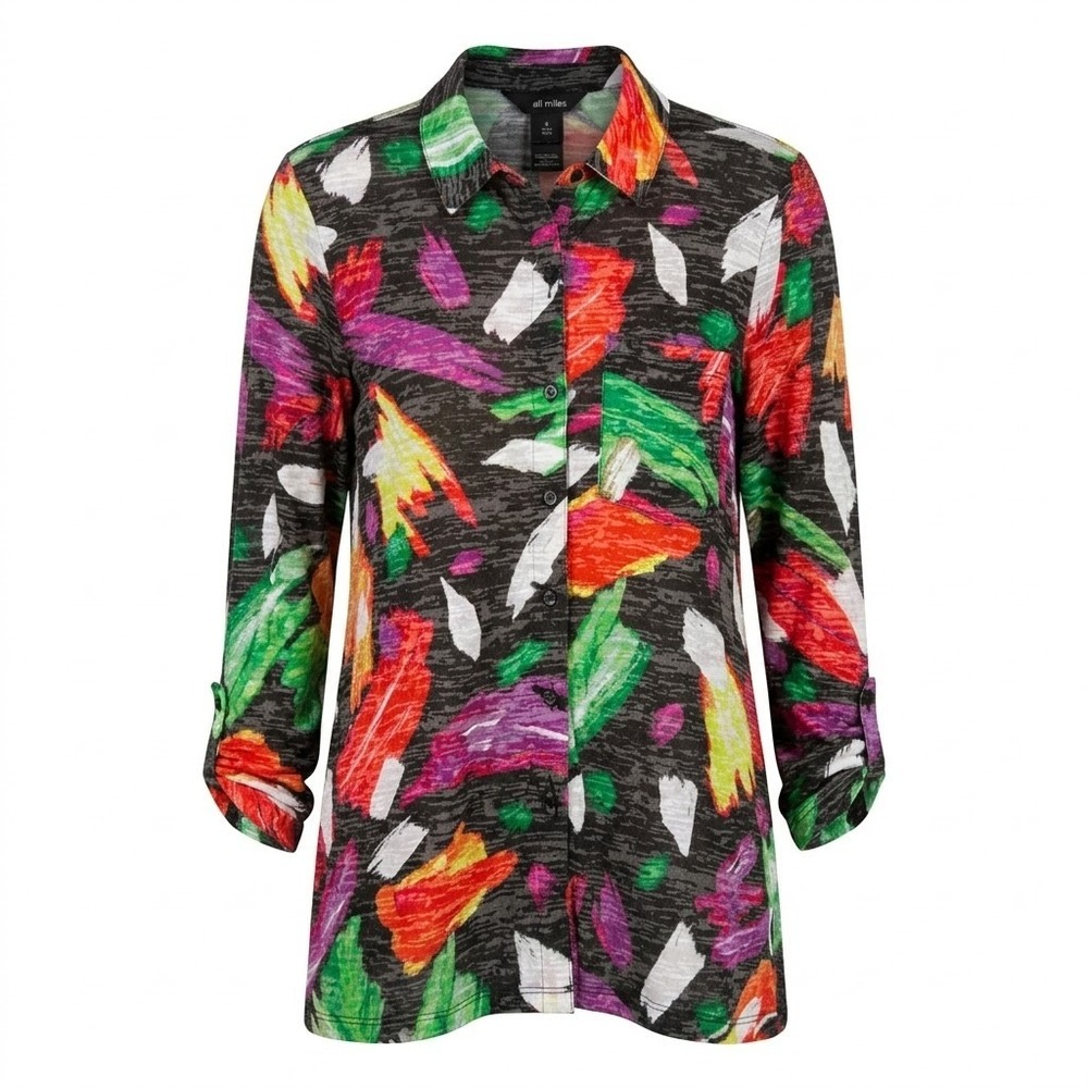 Ali Miles Womens MEDIUM Multicolor Abstract Brushstroke Roll Tab Button Up Shirt
